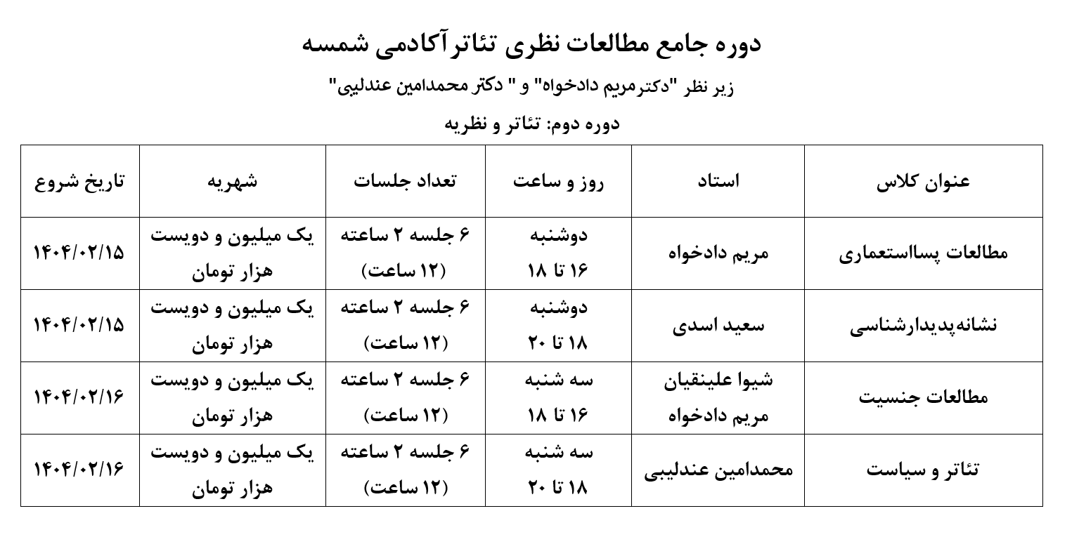 برنامه ترم دوم مدرسه عالی مطالعات تئاتر آکادمی شمسه