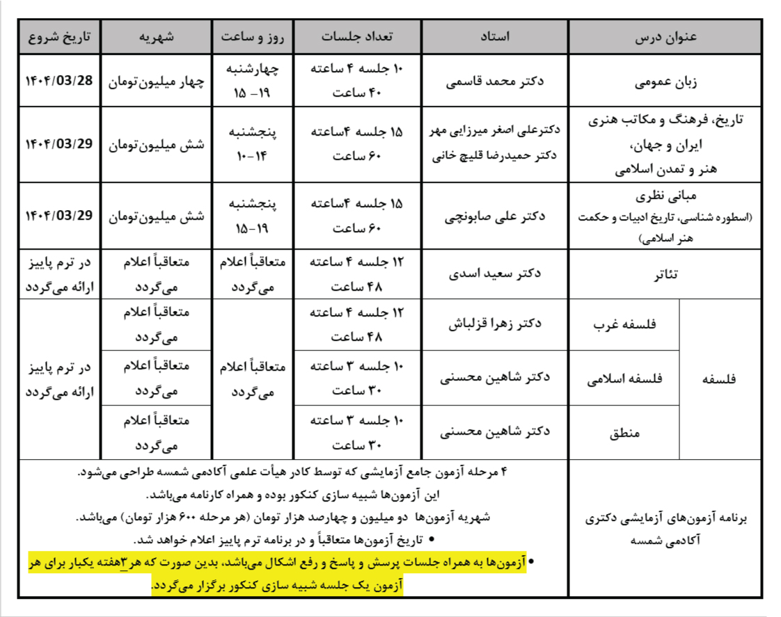برنامه کلاس‌های دکتری آکادمی شمسه 1405